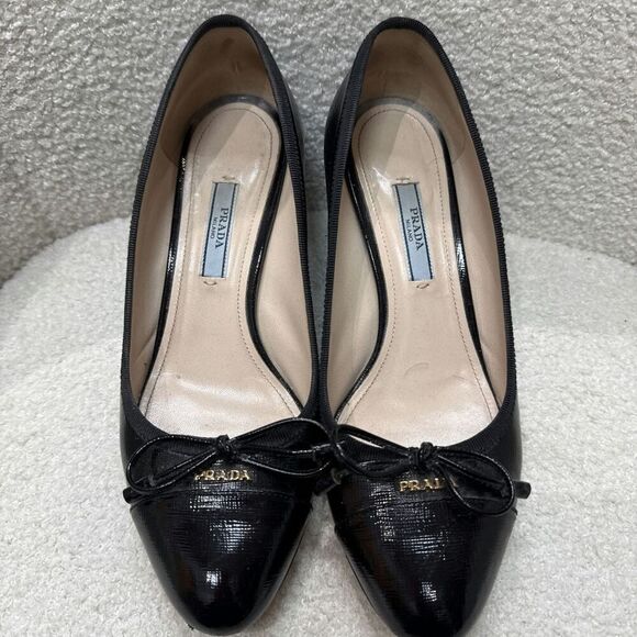PRADA SAFFIANO Leather Logo Bow Tie Wedges